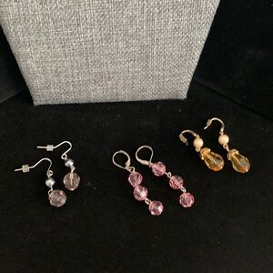 ♥️ Sale 3for$15! Three Pairs of Glass Crystal Bead Drop Earrings